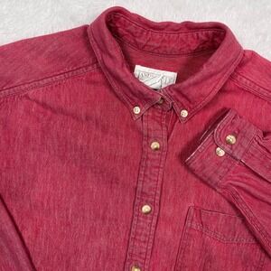 VTG Lands End Button Shirt Women M 10-12 Red Heavyweight Denim Chambray USA Made